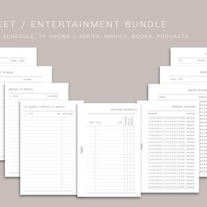 Könnte beinhalten: Eine Sammlung weißer Papierbögen mit schwarzem Text, organisiert als Pocket-Entertainment-Bundle. Die Bögen enthalten Abschnitte für Podcasts, Bücher, Filme, Fernsehsendungen und Episoden-Tracking. Der Text enthält "Release Schedule".