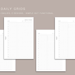 Könnte beinhalten: A6-Tagesplaner-Seiten mit Rastermuster in schlichtem Design. Die Seiten sind weiß mit einem Rastermuster und bieten Platz für Datum und Tagesplan. Der Text "A6 / DAILY GRIDS" und "UNDATED DAILIES, 2 DESIGNS, SIMPLE BUT FUNCTIONAL" ist sichtbar.