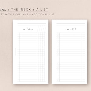 Może przedstawiać: Drukowana karta z dwiema kolumnami, jedna oznaczona jako "the Inbox", a druga jako "the LIST". Obie kolumny mają linie do pisania.