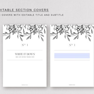 Puede incluir: Una portada de sección A5 imprimible en blanco y negro con un diseño floral y el texto "Nº 1 WRITE IT DOWN" y un espacio en blanco para un título y un subtítulo.