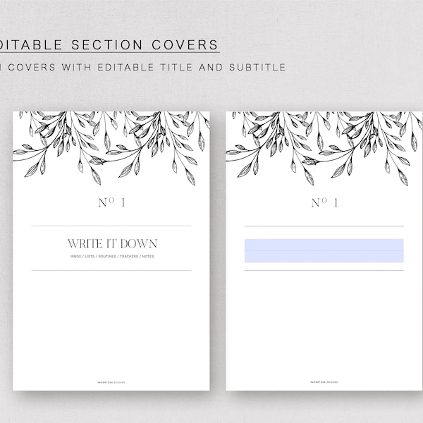 A5  - EDITABLE section cover, minimal design, printable insert