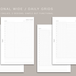 May include: A set of undated daily grid planner pages. The pages are white with a grid pattern and lines for notes. The text "PERSONAL WIDE / DAILY GRIDS" and "UNDATED DAILIES, 2 DESIGNS, SIMPLE BUT FUNCTIONAL" are at the top.