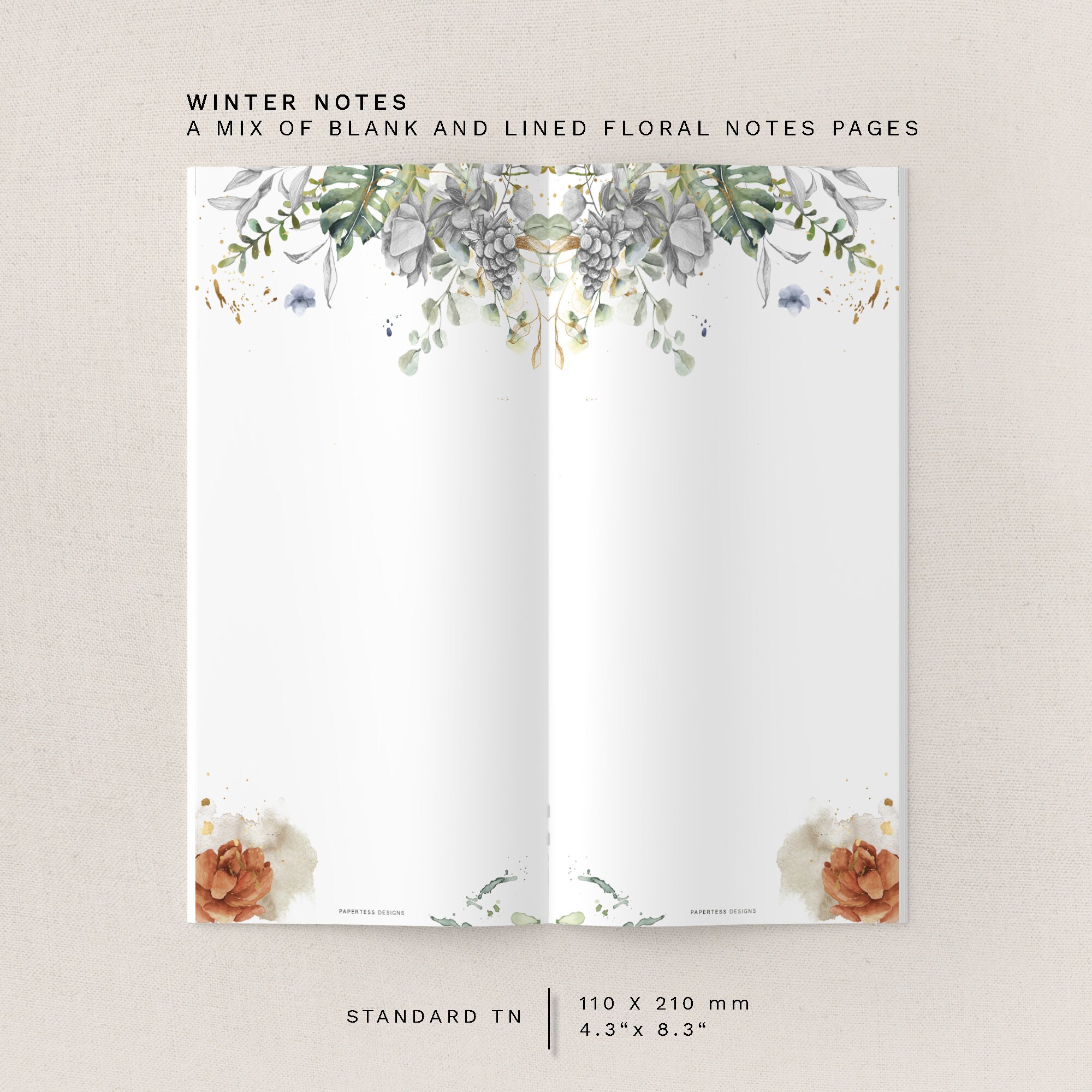 Winter Notes Pages Standard TN Winter Notes A Mix of Blank and Lined Floral - Etsy