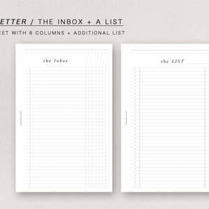 Puede incluir: Hoja de planificación imprimible de tamaño medio con dos secciones: "the Inbox" con seis columnas y "the LIST".