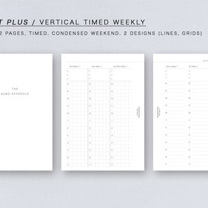 Può includere: Un modello di planner stampabile per un programma settimanale verticale cronometrato. Il modello è progettato per un planner tascabile e presenta due pagine, una con un layout a griglia e l'altra con linee. Il modello include una sezione di fine settimana condensata ed è etichettato "The Weekly Schedule".