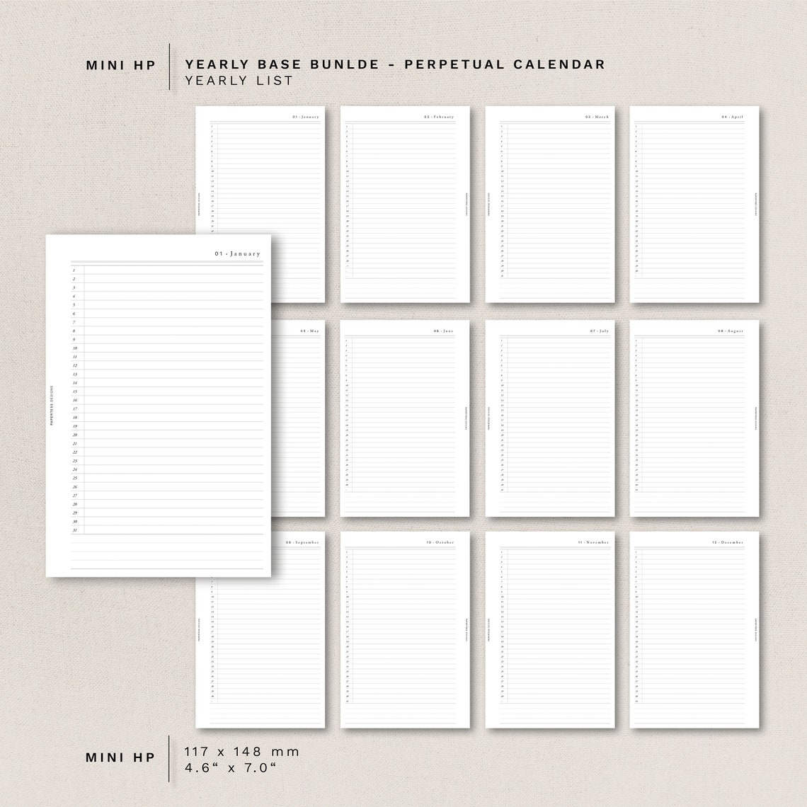 Mini HP - Yearly BASE Bundle - Perpetual Calendar - Undated, Minimal ...