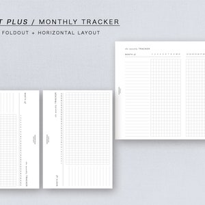 May include: Two printable monthly tracker templates in black and white. The first template is a foldout style with a grid on the left and lined notes on the right. The second template is a horizontal layout with two grids.