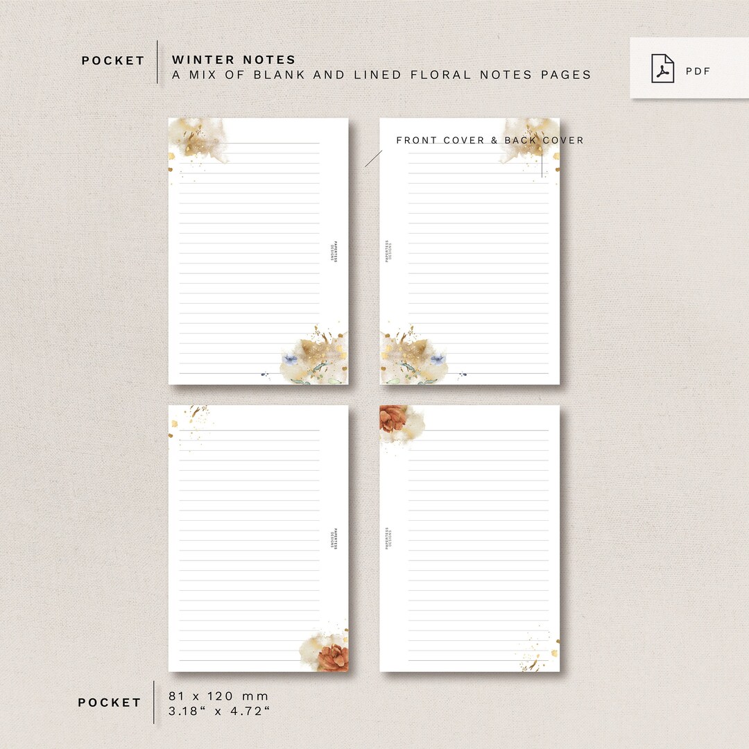 Winter Notes Pages POCKET - Winter Notes - A Mix of Blank and Lined Floral Notes Pages - Etsy