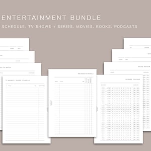 Könnte beinhalten: Ein Satz druckbarer A6-Entertainment-Planerseiten. Die Seiten umfassen Abschnitte für Bücher zum Lesen, Filme zum Anschauen, Fernsehsendungen und Serien zum Anschauen, Veröffentlichungsplan, Episoden-Tracker, Buchrezension und Filmrezension.