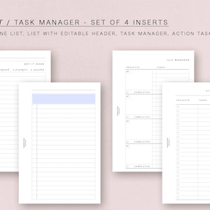 Könnte beinhalten: Vier druckbare Planerseiten für einen handlichen Aufgabenmanager. Die Seiten beinhalten eine "Get It Done"-Liste, eine Liste mit einem editierbaren Kopf, einen Aufgabenmanager und einen Aktionsaufgaben-Tracker.