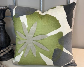 Designer Green and Grey Indoor Pillow Cover, Green Cotton Pillow Cover, Robert Allen Pure Petals Greystone Indoor Pillow Cover