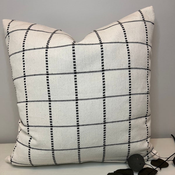 Ivory Black Plaid Pillow Cover, Woven Cotton Pillow Cover, Modern Farmhouse Pillow Cover, Mid Century Modern Pillow Cover