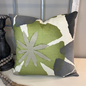 Designer Green and Grey Indoor Pillow Cover, Green Cotton Pillow Cover, Robert Allen Pure Petals Greystone Indoor Pillow Cover