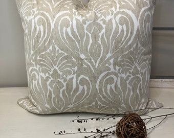 Scroll Tan Pillow Cover, Cotton Damask Pillow Cover