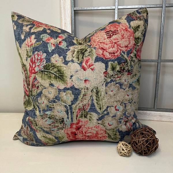 Navy Floral Cotton Linen Blend Pillow Cover, Green Botanical Pillow Cover, Indoor Pillow Cover, Decorative Home Decor