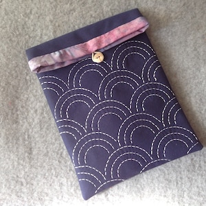 May include: A navy blue quilted tablet sleeve with a white stitched scallop design. The top flap is lined with a pink and purple patterned fabric and secured with a wooden button. The sleeve is on a grey surface.
