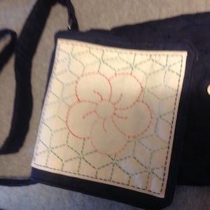Reduced Price---Sashiko Messenger Bag Sewing Kit - Navy Embroidered & Floral Applique - Sew With Beth