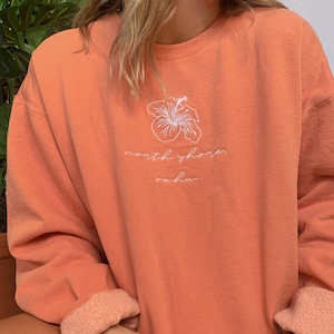 north shore, oahu, hawaiian hibiscus embroidered sweatshirt | terracotta | light blue |