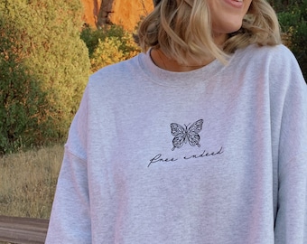 free indeed butterfly line art embroidered sweatshirt | ash | blue jean | crimson | denim |