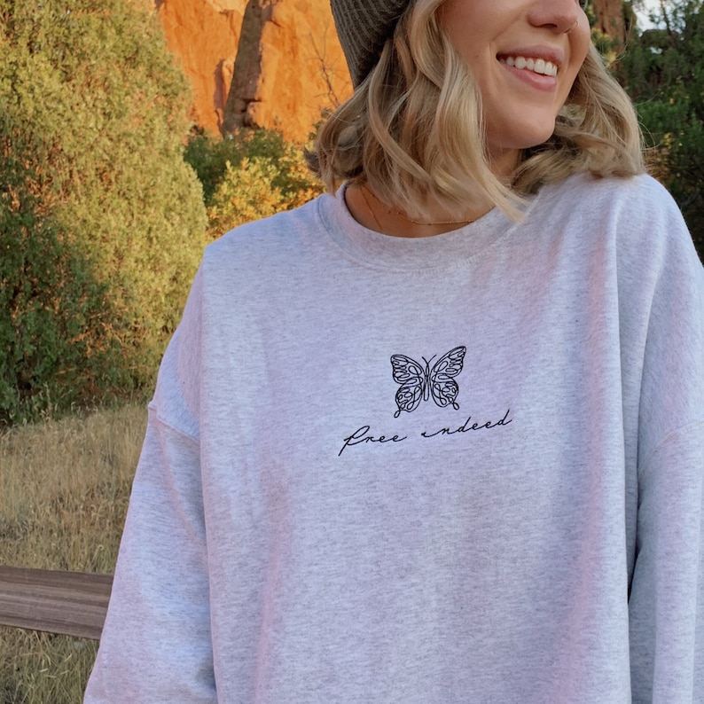 free indeed butterfly line art embroidered sweatshirt | ash | blue jean | crimson | denim | 