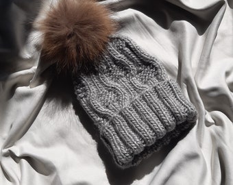 Knit Hat Pattern for Circular Needles, Bulky Pom Pom Beanie Knitting Pattern, Adult Winter Woolly Cap PDF Pattern