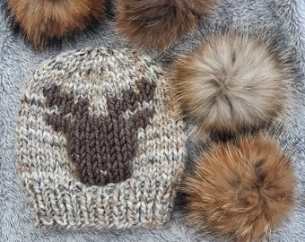 Mönster för retro julmössa till regnhjort, DIY-stickmönster för jul, vintermössa för vuxna med pompoms som tillval