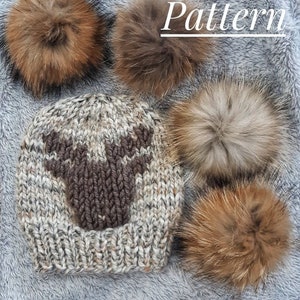 Retro Raindeer Christmas Beanie Pattern, DIY Christmas Knitting Pattern, Adult Winter Hat with Optional Pom Poms