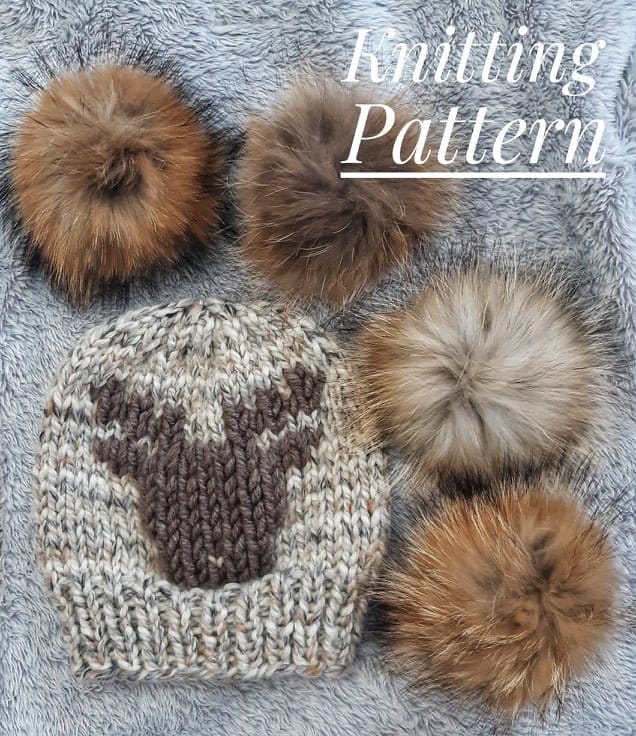 Retro Raindeer Christmas Beanie Pattern, DIY Christmas Knitting Pattern, Adult Winter Hat with Optional Pom Poms