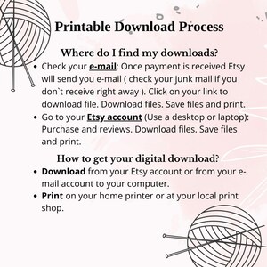 May include: Printable download process instructions with a graphic of two knitting needles and a ball of yarn. The text explains how to find and download digital files purchased on Etsy.