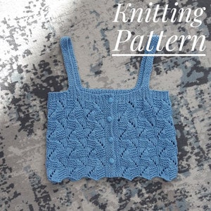 Knitting Pattern Blue Crop Top With Buttons, Knitting Pattern Summer Blue Top, Knitting Pattern Top With Buttons, Summer Tank Top Pattern