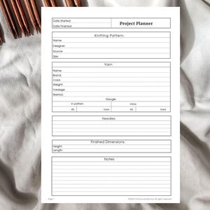 Knitting Project Planner DIGITAL DOWNLOAD,Knitting Project Journal Printable, Knitting Planner Page PDF, Printable Knitting Project Planner