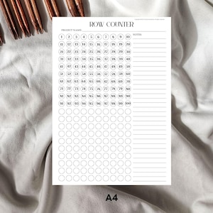 以下が含まれることがあります： 編み物や編み物プロジェクトの行を追跡するための100個の円を持つ、白黒の印刷可能な行カウンター。シートには、プロジェクト名とメモのためのスペースがあります。