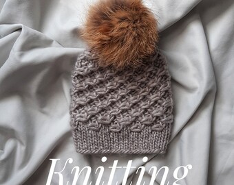 Beanie Hat Knitting Pattern, BulkyTextured Knit Winter Hat, Knitted Bulky Hat Pattern Intermediate PDF Knitting Tutorial