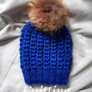 Knitted Woolen Pom Pom Hat Pattern, Women&#39;s Chunky Cable Knit Beanie Pattern,  Cozy Winter Accessories Instant Download PDF Tutorial
