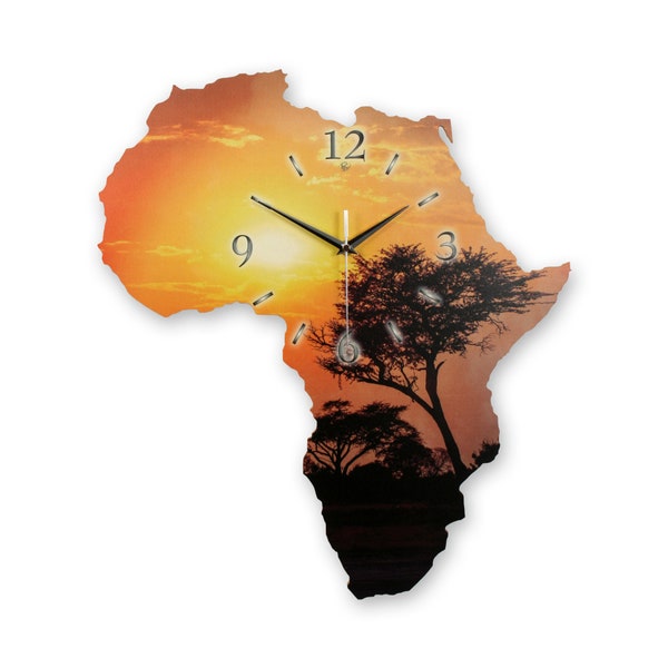 Designer-Wanduhr „Afrika“ in Landkarten-Form mit Motiv