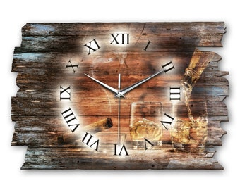 Whisky & Zigarre | Shabby Style | Wanduhr wahlw. als leise Funk- bzw. Quarzuhr | aus Holz | Kreative Feder