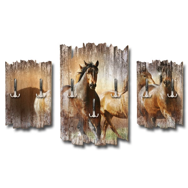 Wand-Garderobe aus Holz 3-teilig mit sieben Haken Pferde