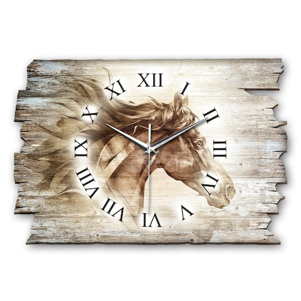 Designer Wanduhr aus Holz im Shabby Style Design Pferd