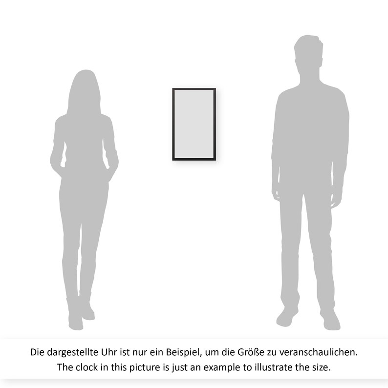 May include: A black framed rectangular clock with a white face. The clock is shown next to a silhouette of a person to illustrate the size.