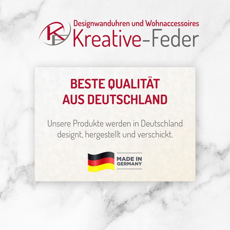 May include: A white card with the text "BESTE QUALIT&Auml;T AUS DEUTSCHLAND" in red and black. The text "Unsere Produkte werden in Deutschland designt, hergestellt und verschickt." is in black. A German flag and the text "MADE IN GERMANY" are in the bottom right corner.