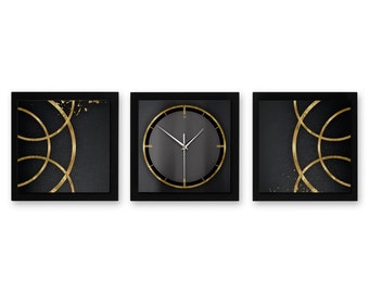 3D designer wall clock Golden Rings 3-part modern metallic