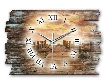 Steg bei Sonnenuntergang | Shabby Style | Wanduhr wahlw. als leise Funk- bzw. Quarzuhr | aus Holz | Kreative Feder