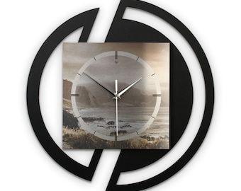 Runde 3D Designer-Wanduhr „Küste“ in modernem Metallic-Look schwarz-beige