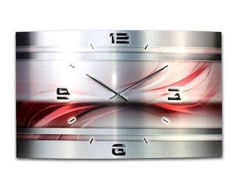 Abstrakt | Moderne Metallic Designer-Wanduhr aus gebürstetem Aluminium | wahlw. als leise Funk- bzw. Quarzuhr | Kreative Feder