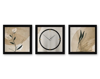 3D Designer-Wanduhr Floral Beige 3-teilig modern-metallic