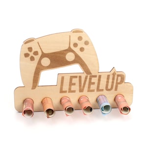 Geldgeschenk "Level Up" für Gamer - Geldscheinhalter aus Holz