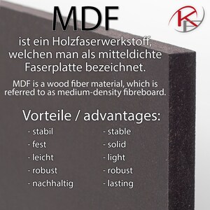 May include: A close-up of a dark gray MDF board with the text "MDF is a wood fiber material, which is referred to as medium-density fibreboard." and a list of advantages in German and English: "stabil - stable, fest - solid, leicht - light, robust - robust, nachhaltig - lasting".