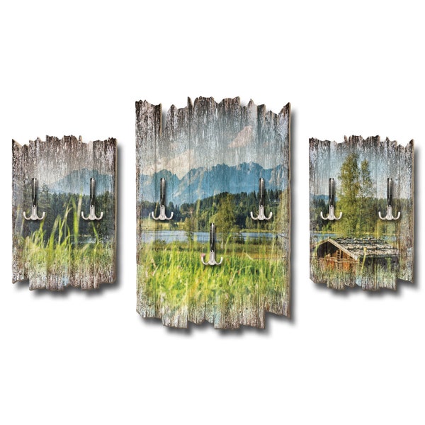 Wand-Garderobe aus Holz 3-teilig mit sieben Haken Alpenseepanorama