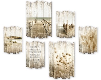 Wandbild „Meer“ 6-teiliges Bilder-Set aus Holz mit Spruch und Motiv