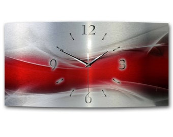 Red Wave | Moderne Metallic Designer-Wanduhr aus gebürstetem Aluminium | wahlw. als leise Funk- bzw. Quarzuhr | Kreative Feder